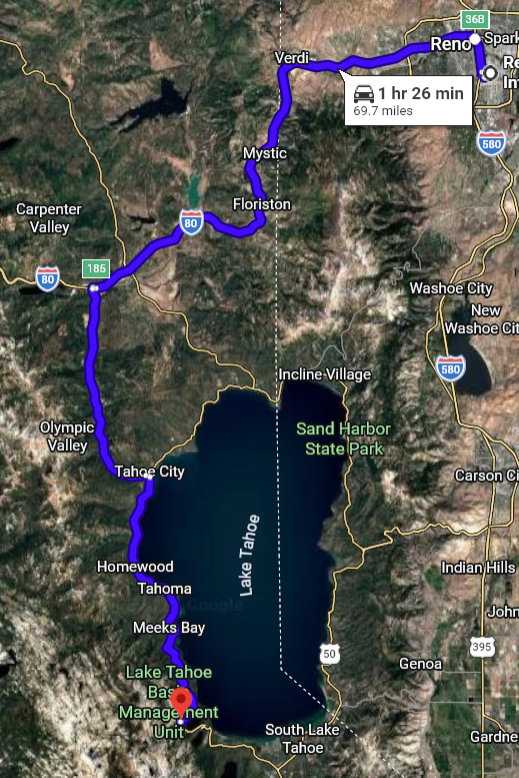 An driving route as mapped out on Google Maps.